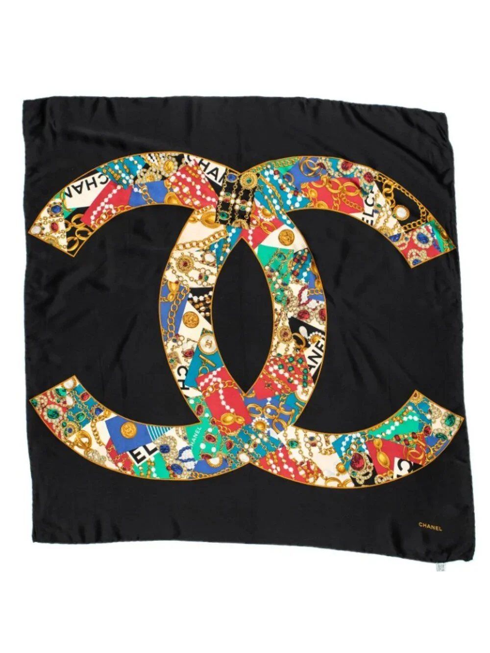 Chanel Scarf Black Green Red Silk